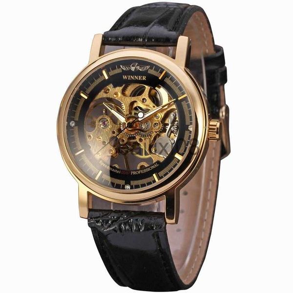 

other watches winner watches women mechanical watch brand luxury golden skeleton leather strap elegant ladies hand wind wristwatch j230728, Slivery;black