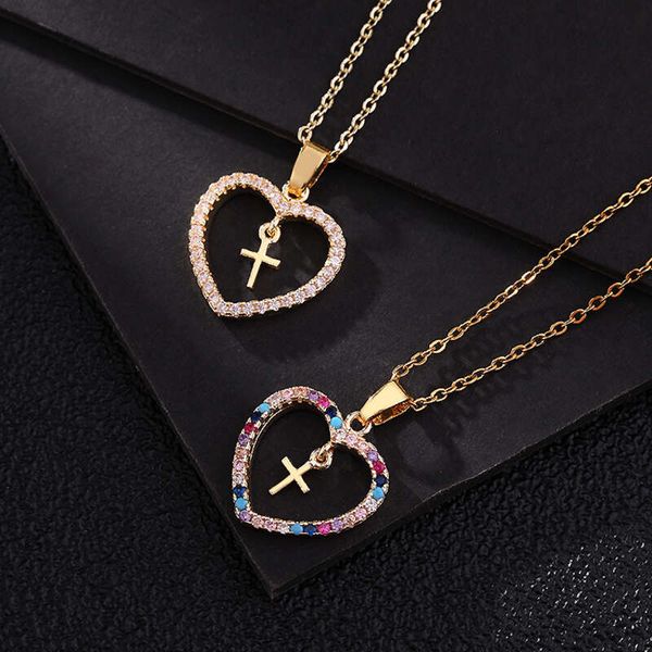 

designer style female personalized fashion new jewelry with micro inlaid color zircon geometric cross pendant heart shaped necklace, Silver