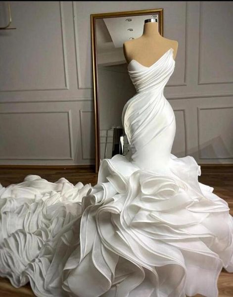 

2022 elegant mermaid wedding dresses sweetheart pleat ruffles tiered skirt organza custom chapel train formal bridal gowns vestido1197591, White