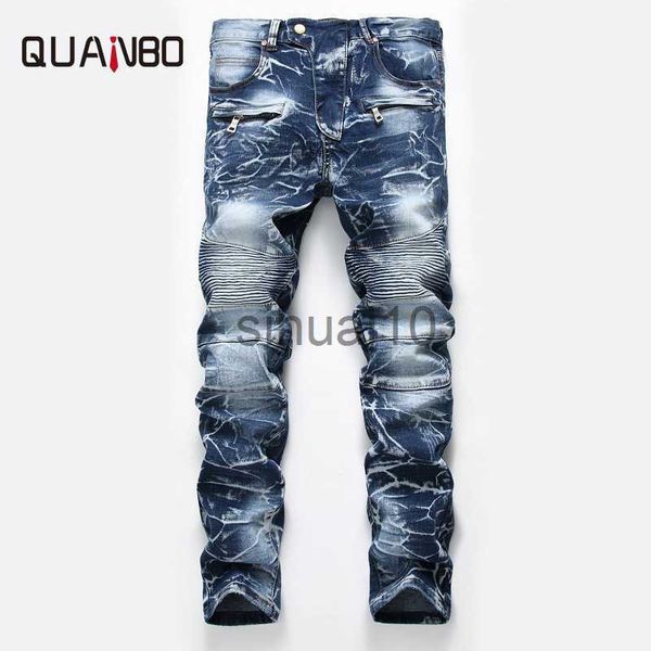 

men's jeans men's slim fit straight moto biker jeans fashion nostalgia retro pleated jeans pants with zipper deco 42 j230728, Blue