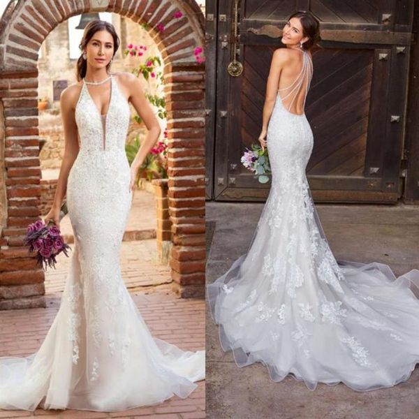 

kitty chen 2020 wedding dresses halter deep v-neck lace appliques bohemia bridal gowns backless mermaid wedding dress robe de306y, White