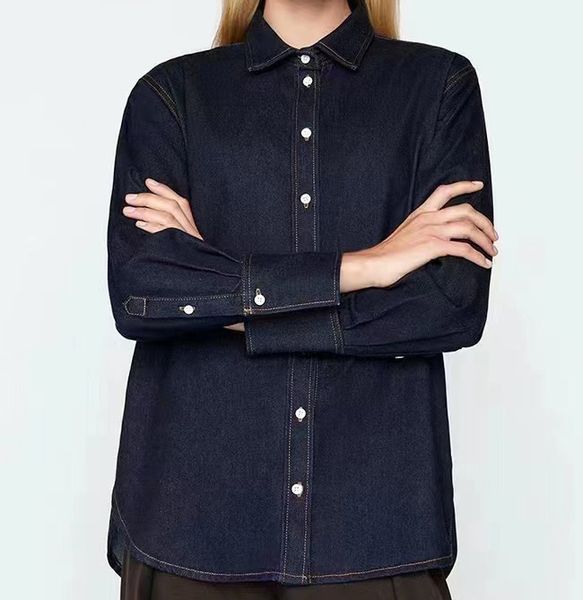 

women's blouses & shirts long sleeved dark blue denim shirt, White