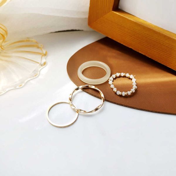 

korean 4pcs bohemia crystal bead rings set for women boho fresh colorful beads finger rings stretch rope fashion jewelry xwsb, Silver