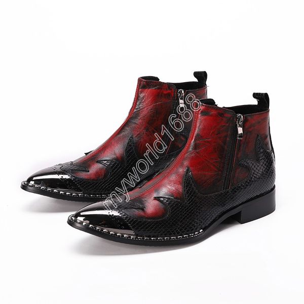 

batzuzhi new luxury handamde men boots shoes metal toe leather ankle boots men red black zip knight business/party/wedding botas