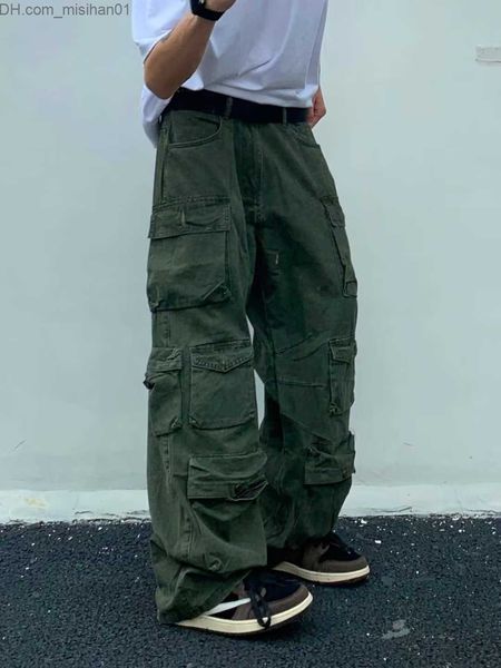 

men's pants spring cargo pants new popular rice white multi pocket overalls harajuku stays men's loose casual trousers straight sl, Black