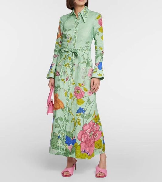 

australian designer dress bell sleeve floral printed linen shirt dress, Black;gray