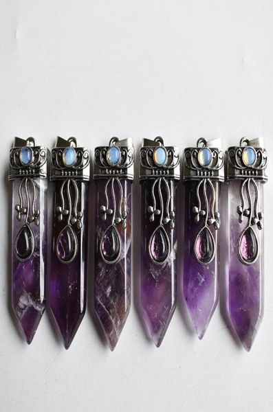 

good quality natural pendants stone amethysts point pendulum healing chakra pendant for jewelry making 6pcs lot whole1240650, Silver