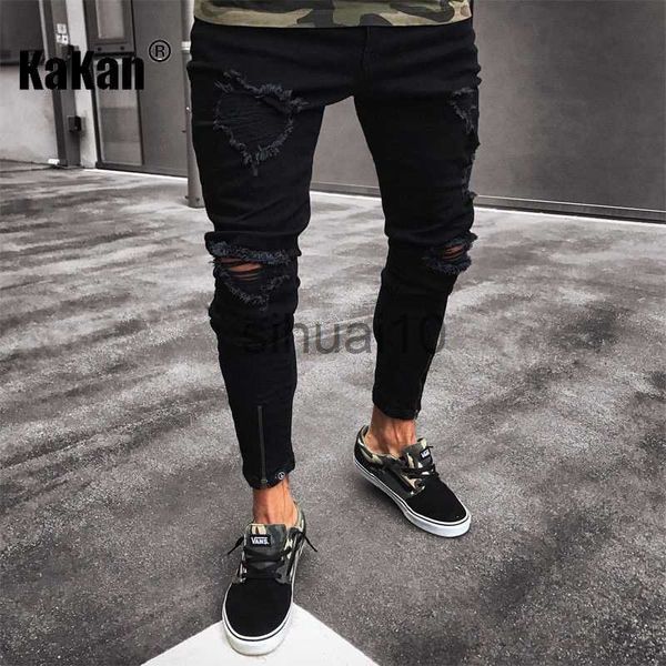 

men's jeans kakan - new european and american distressed small leg jeans for men high street slim fit elastic motorcycle long jeansk49-, Blue