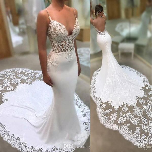 

new mermaid wedding dresses spaghetti straps 3d appliques lace sleeveless backless lace chapel train arabic custom formal bri2560, White