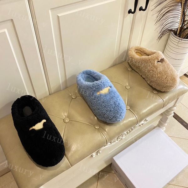 

designer wool slippers women fur slippers winter warm leather mullers thick sole platform slippers indoor autumn winter baotou loafers 5.5cm, Black
