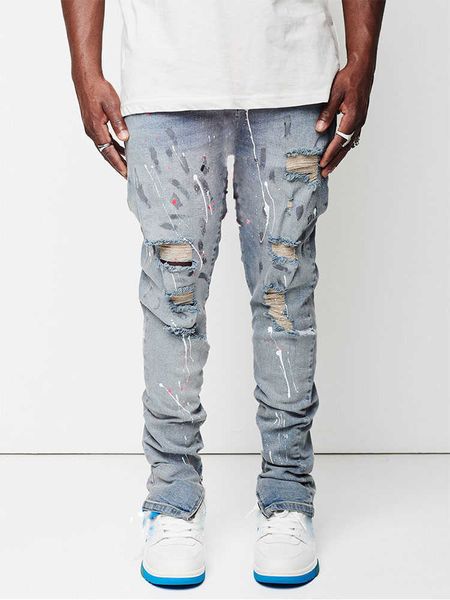

men's t-shirts new design men jeans man paint slim fit cotton ripped denim pants knee hollow out light blue jeans for men streetwear j2, White;black