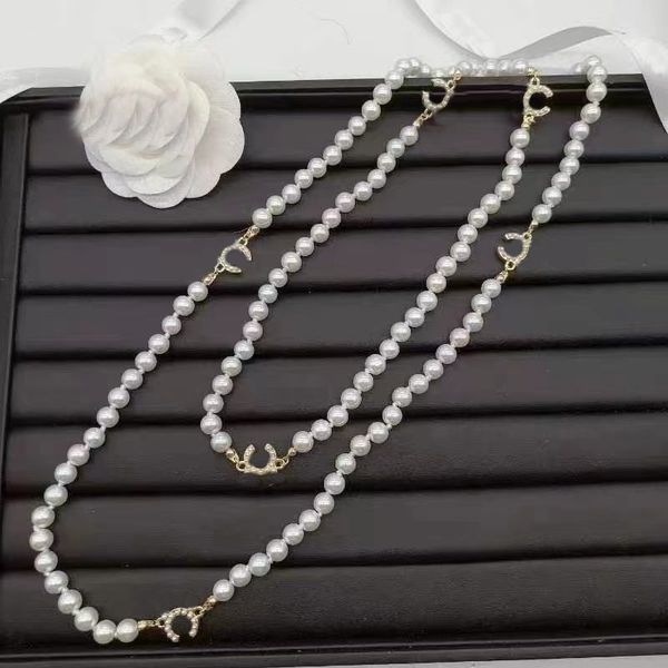 

designer pearl necklace choker chain crystal 18k gold plated double letter pendants stainless steel necklaces luxury women wedding jewelry g, Silver