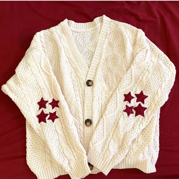

women's knits tees s2xl women casual tay red star beige lor loose embroidered knitted cardigan warm swif t button long sleeves sweater, White