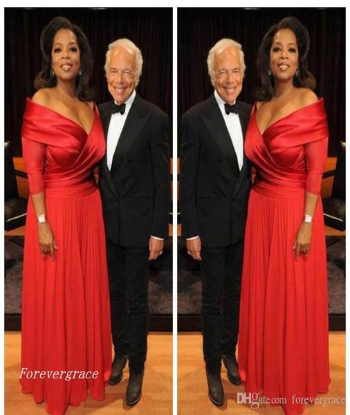 

2019 elegant oprah winfrey new red off the shoulder evening dress long chiffon formal holiday wear party gown custom made plus siz2441077, Black;red