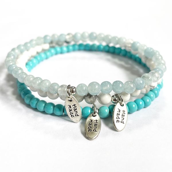

mg1942 new design 4 mm blue turquoise howlite aquamarine gemstone bracelet set handmade charm wrist malas, Black