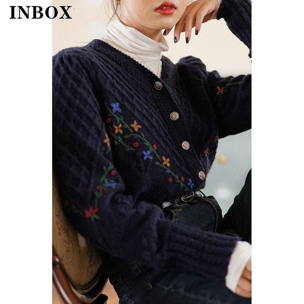 

women's knits tees inbox french vintage embroidery short sweater women spring elegant full sleeve cardigan female white knitwear 230729