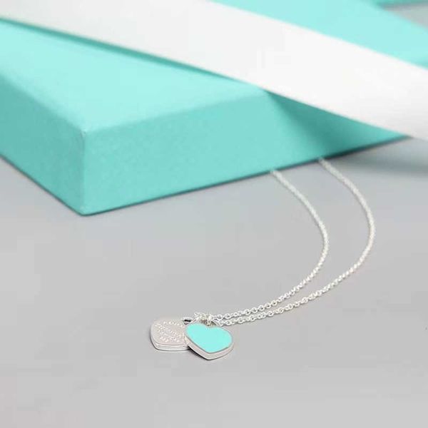 

return to necklace jewelry 925 silver small peach heart necklace double heart double card love shaped collar chain pink blue personality fri