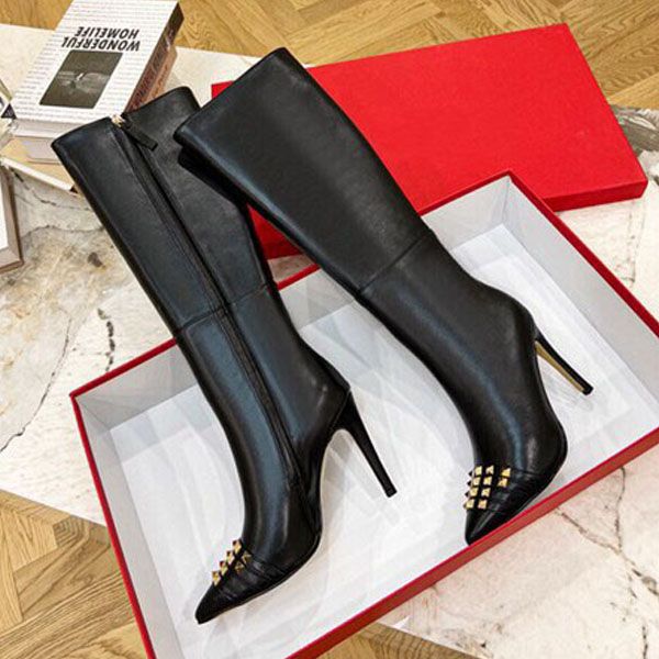 

luxury new ankle knee womens boots rivet high heel cowboy winter pointed toes shoes size 35-41, Black