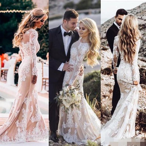 

champagne long sleeves wedding dresses lace applique 2021 sweep train scoop neck illusion bodice country wedding gown vestido de n215r, White