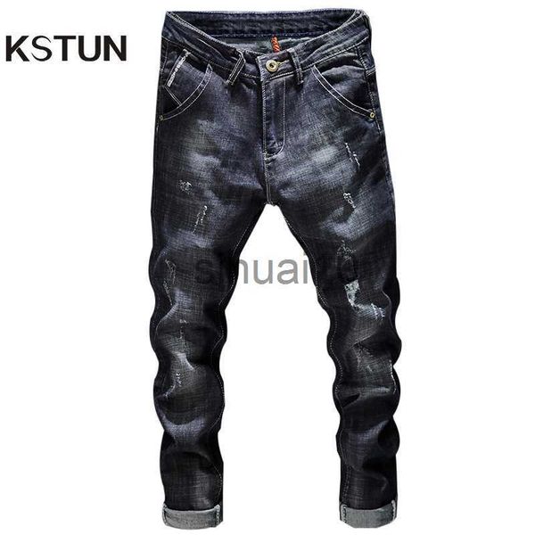 

men's jeans kn ripped jeans men dark blue stretch slim fit distressed streetwear denim pants casual retro biker jeans man trousers hiph