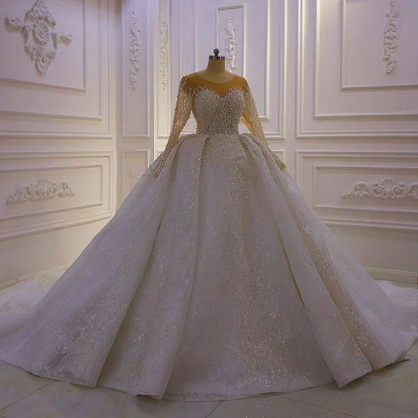 

luxury a line o-neck lace wedding dresses full sleeves beading sequined floor length vestido de novia beaded bridal gowns, White