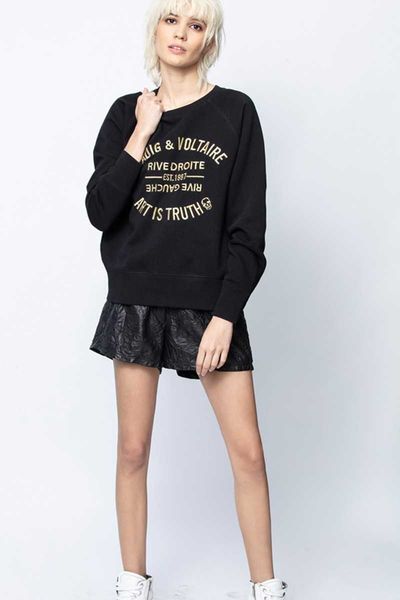 

zadig voltaire designer pure cotton sweatshirt classic letter embroidery raglan sleeve round neck women classic fashion sweater oversized, Black