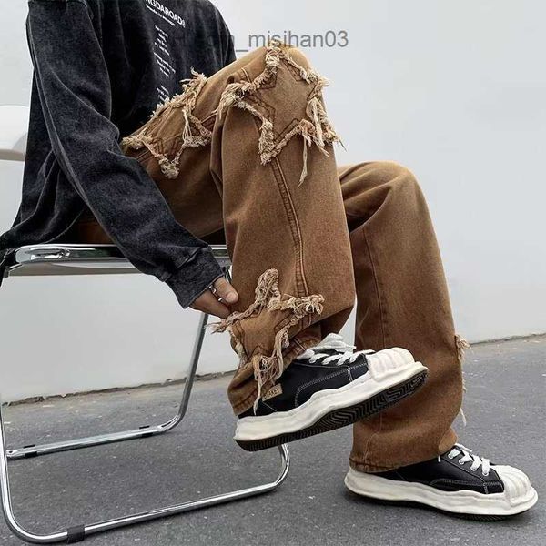 

men's pants 2022 new fashion star towel embroidery brown men's jeans pants y2k clothing straight hip hop cotton men's trouser, Black