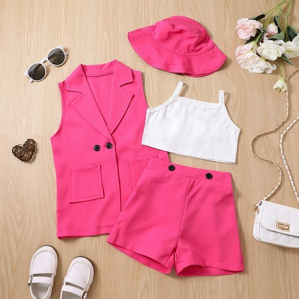 

clothing sets 1 6y kids girls summer clothes set baby sleeveless lapel blazer coat tank buttons shorts hats 4pcs children suits 230731, White