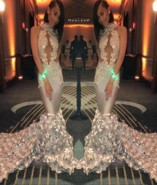 

luxurious sliver african prom dresses highneck applqiues beaded mermaid evening gowns rose ruffles illsuion special occasion9814280, Black