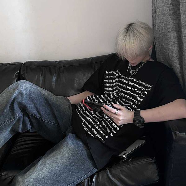 

galleries tagore english alphabet black powder t-shirt 320g heavy weight combed cotton short sleeve men's american straight shoulder mi, White;black