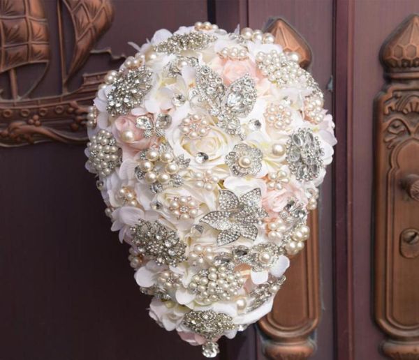 

janevini unique artificial waterfall crystal bridal flowers wedding bouquet luxurious champagne diamond pearls bride bouquets lace3781651