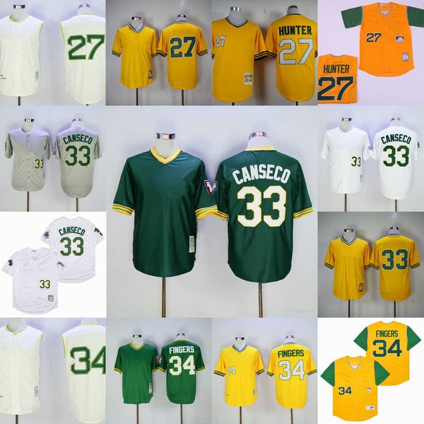 

vintage college mitchell and ness baseball 27 catfish hunter jerseys stitched 33 jose canseco 34 rollie fingers 1981 yellow green white pull, Black