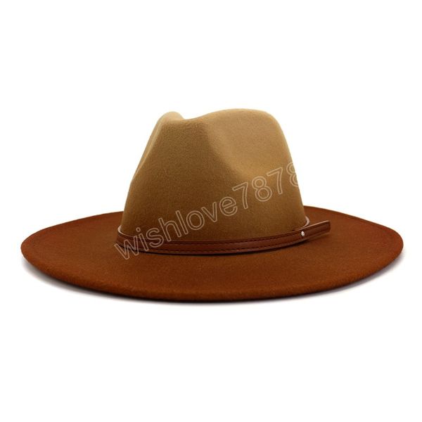 

fashion men women gradient color brown belt decoration big brim fedora felt hats jazz party formal hat, Blue;gray