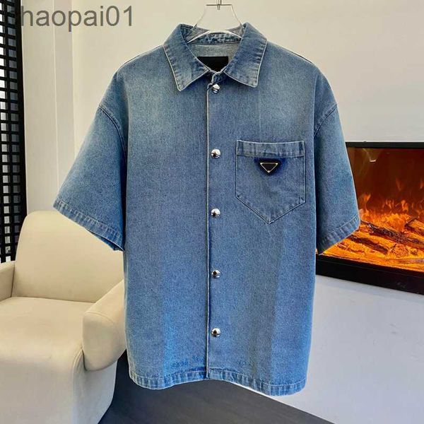

lable 23ss triangle denim shirts man women fashion summer beach vacation short sleeve hawaii fzcs281, White;black