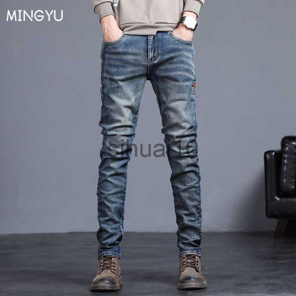 

men's jeans 2023 new spring summer men's jeans vintage blue solid color elastic classic jeans men slim fashion denim trousers male
