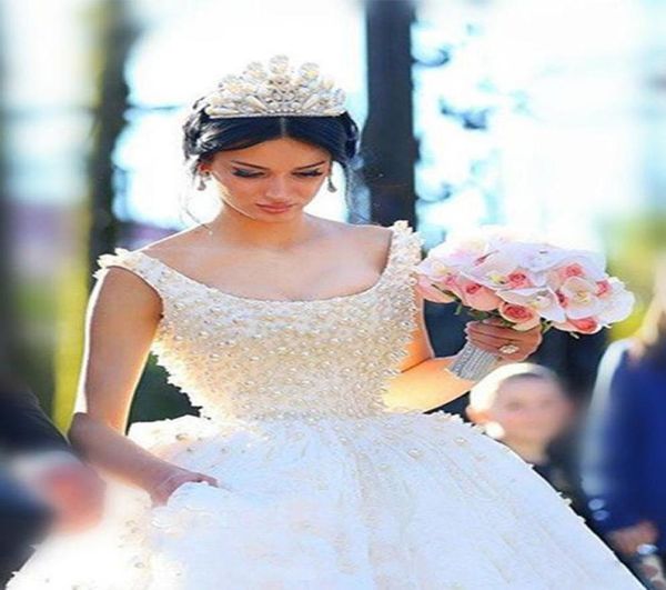 

arabic ball gown 2018 wedding dresses princess pearls wedding gowns with big bow scoop neck vintage bridal dress plus size4511124, White