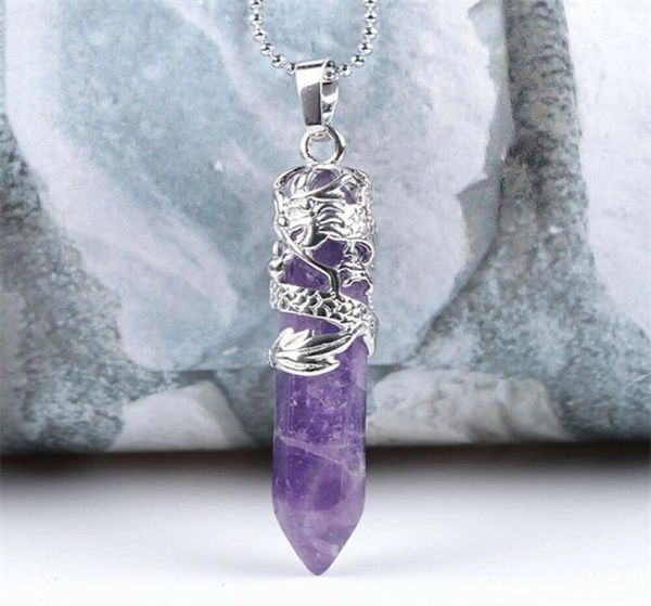 

tribal totem dragonshaped natural stone pendant necklaces hexagonal aura bullet crystal column jewelry couple models ab6365468937, Silver