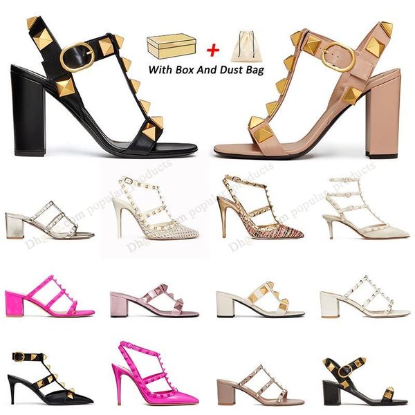 

2023 luxury womens heel sandals valentine's high pink heels stiletto kitten open toe slingback gold black sliver rivets sandal slides p