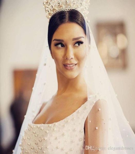 

2021 pearls lace appliques luxurious bridal veil one layer tulle formal bridal wedding hair veils headpiece7232122, Black