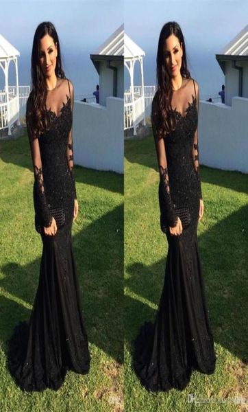 

evening dresses wear 2017 new jewel neck illusion black chiffon lace appliques beaded prom dress mermaid long sleeves sweep train 4754699, Black;red