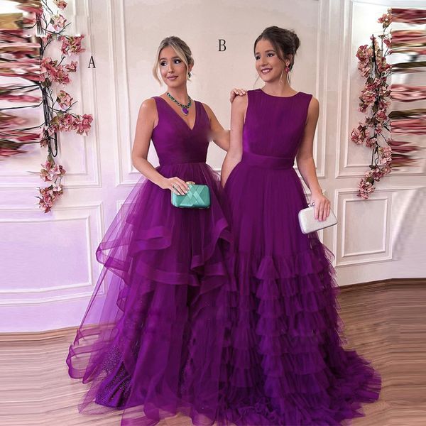 

purple ruffles a line prom dresses sleeveless puffy skirt womens formal gown tiered tulle long evening party dress, Black