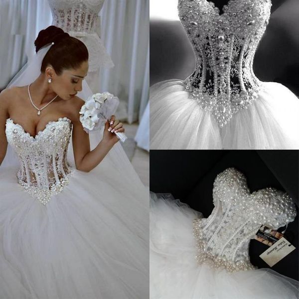 

2022 princess bridal gown sparkly tulle puffy skirt corset wedding dress with beads sweetheart robe de mariee197c, White