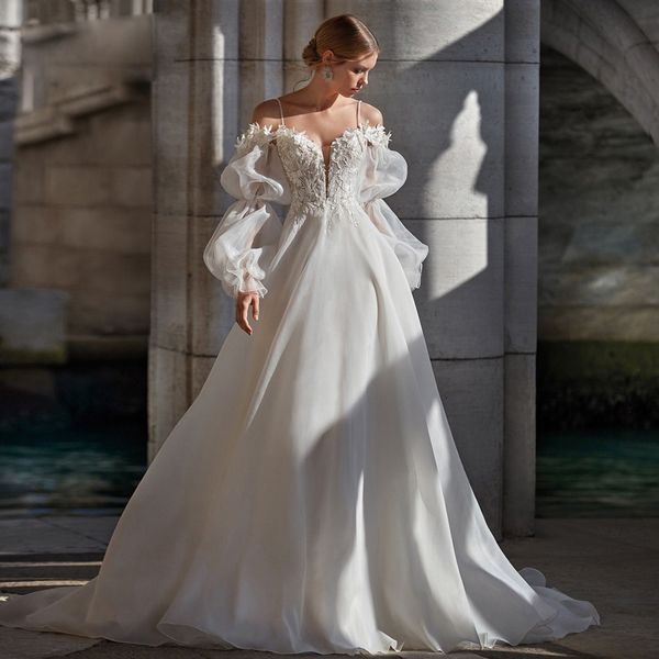 

modern plummet neck spaghetti strap a line wedding dresses transparent sleeve with lace appliques bridal gown for women, White