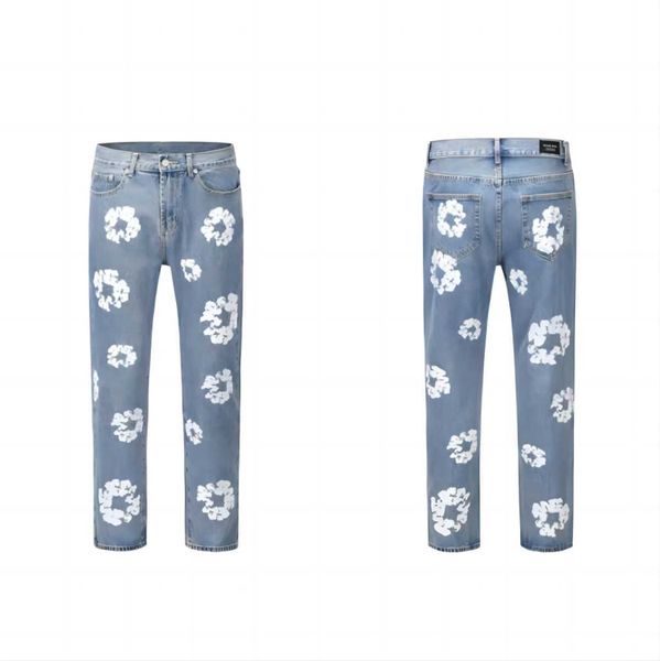 

men's jeans high street denim tears style kapok washed straight fashion vintage loose pants kmzt ee, Blue