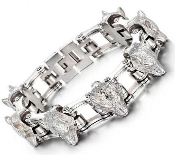 

cool punk rock wolf lion head heavy stainless steel men bracelet fashion bicycle biker chain jewelry jewellery gifts6397091, Golden;silver
