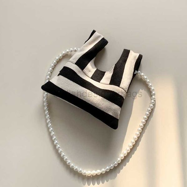 

totes bolso de mujer fashion vintage black and white stripe design pearl chain cross body bag suitable for ins cute edition mini handbag 202