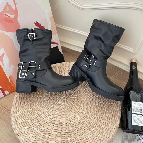 

booties designer boots winter boots womens boots harness belt buckled cowhide leather chunky heel zip knight fashion designer boots woman lu, Black