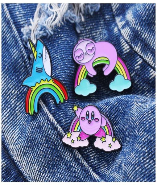 

kawaii anime rainbow shark sloth brooch cartoon pin rainbow bridge with animal badge clothing accessories5859643, Blue