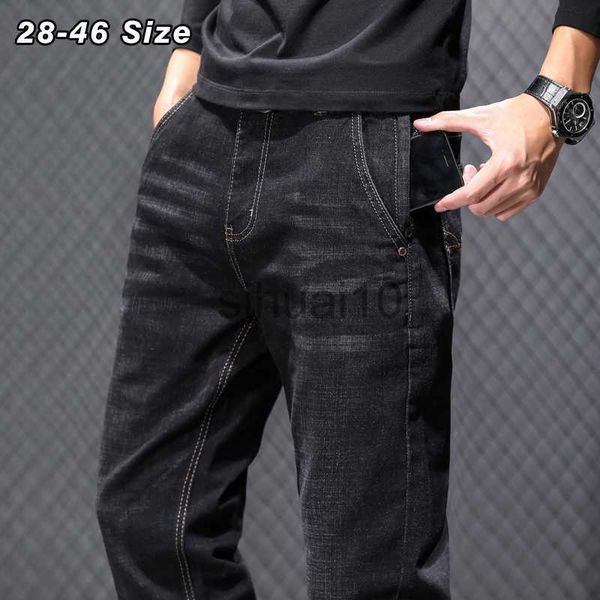 

men's jeans 42 44 46 plus size men's jeans autumn winter classic black gray baggy straight trousers elasticity casual denim pants, Blue