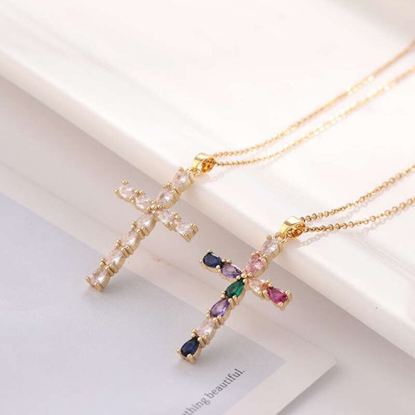 

designer fashion women's jewelry real gold electroplated micro inlay colorful zircon water drop cross necklace necklace ornament, Silver